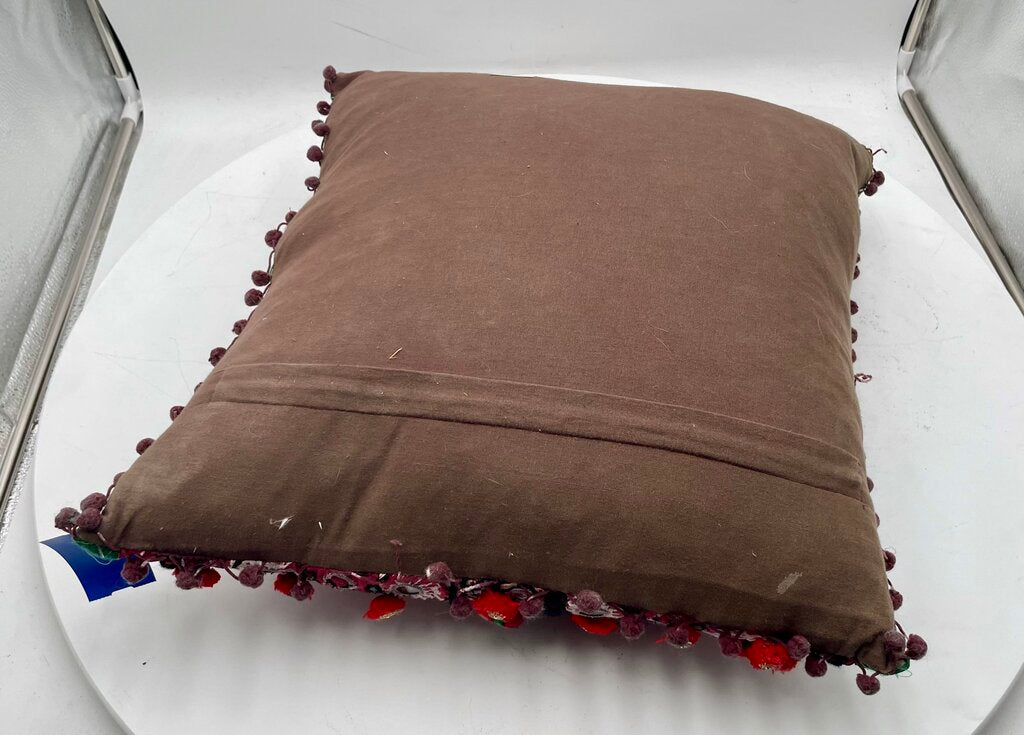 India Style Gujurati Chakla Cushions Multicolor Red Sequin Embroidered Green Panel Tasseled Pillow 18" (c)