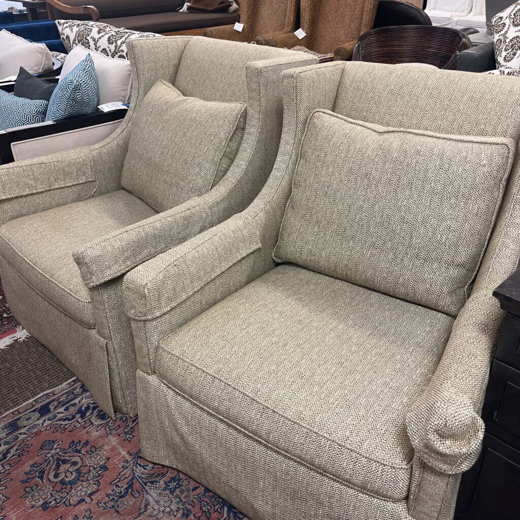 Beige Tan Tweed Upholstered Swivel Chairs (Pair)
