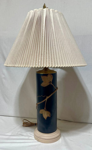 MCM Bavarian Style Wood & Brass Dark Green Cylindrical Raised Vine Relief Motif w/ Ruffled Linen Shade