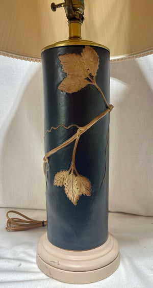 MCM Bavarian Style Wood & Brass Dark Green Cylindrical Raised Vine Relief Motif w/ Ruffled Linen Shade
