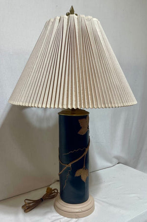 MCM Bavarian Style Wood & Brass Dark Green Cylindrical Raised Vine Relief Motif w/ Ruffled Linen Shade