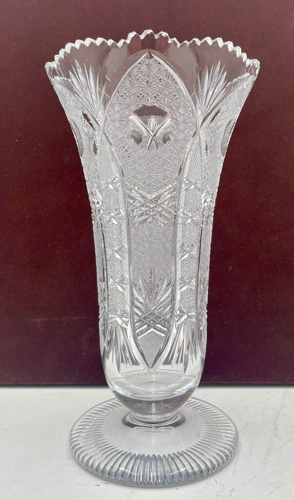 Vintage Czech Frosted Cut Glass Flared Scalloped Edge Vase