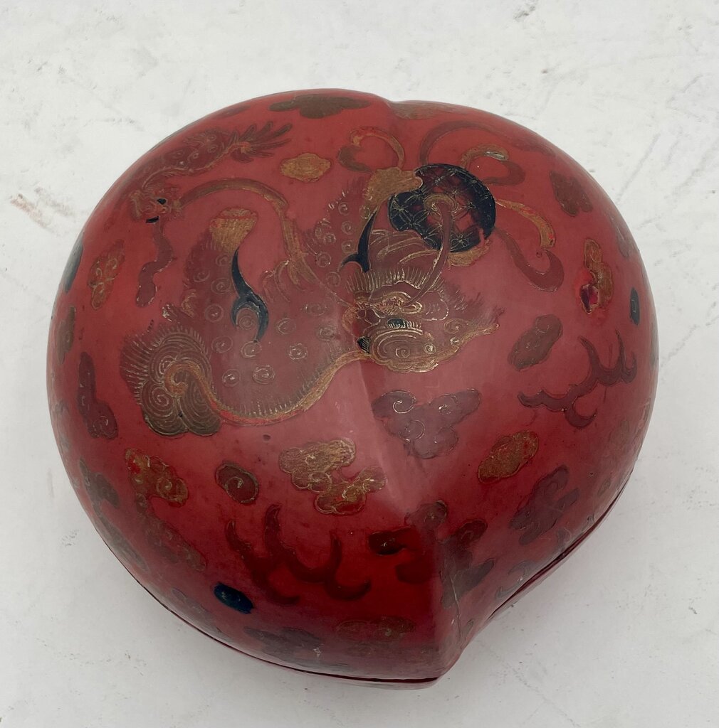 19th Century Chinese Papier-Mache & Wood Ash Red & Black Lacquered Hand Painted Food Dog Motif Peach Shaped Lidded Box