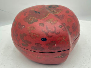 19th Century Chinese Papier-Mache & Wood Ash Red & Black Lacquered Hand Painted Food Dog Motif Peach Shaped Lidded Box