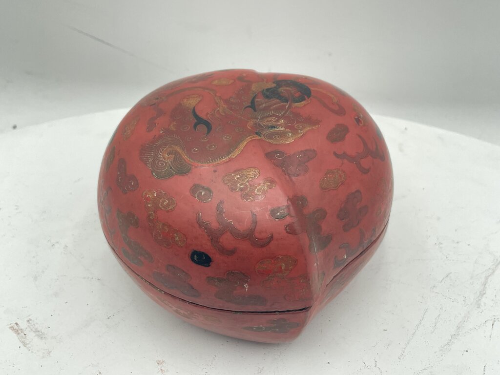 19th Century Chinese Papier-Mache & Wood Ash Red & Black Lacquered Hand Painted Food Dog Motif Peach Shaped Lidded Box