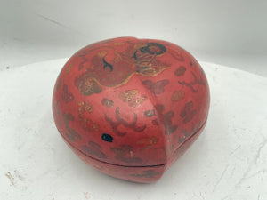 19th Century Chinese Papier-Mache & Wood Ash Red & Black Lacquered Hand Painted Food Dog Motif Peach Shaped Lidded Box