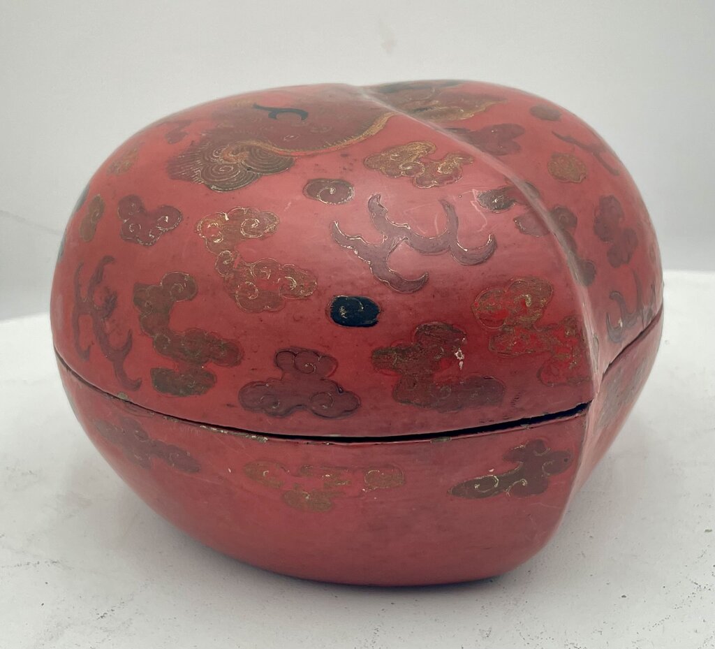 19th Century Chinese Papier-Mache & Wood Ash Red & Black Lacquered Hand Painted Food Dog Motif Peach Shaped Lidded Box