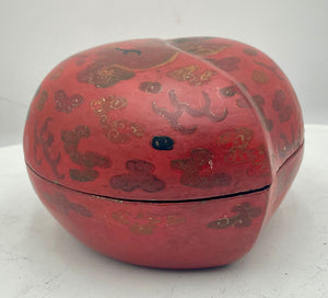 19th Century Chinese Papier-Mache & Wood Ash Red & Black Lacquered Hand Painted Food Dog Motif Peach Shaped Lidded Box