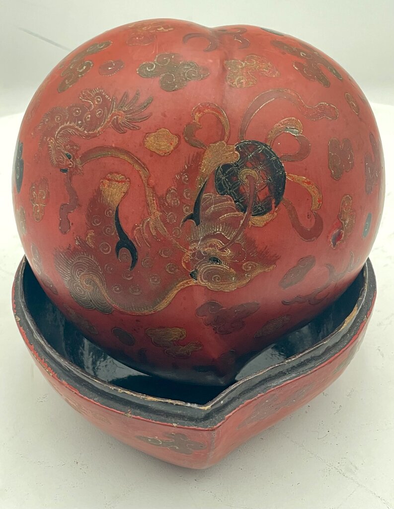 19th Century Chinese Papier-Mache & Wood Ash Red & Black Lacquered Hand Painted Food Dog Motif Peach Shaped Lidded Box