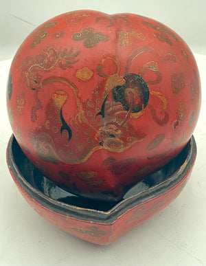19th Century Chinese Papier-Mache & Wood Ash Red & Black Lacquered Hand Painted Food Dog Motif Peach Shaped Lidded Box