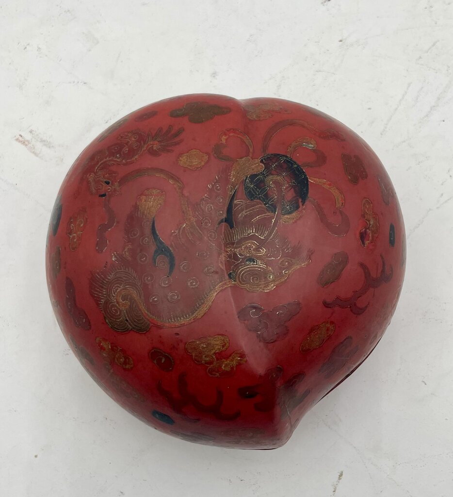 19th Century Chinese Papier-Mache & Wood Ash Red & Black Lacquered Hand Painted Food Dog Motif Peach Shaped Lidded Box
