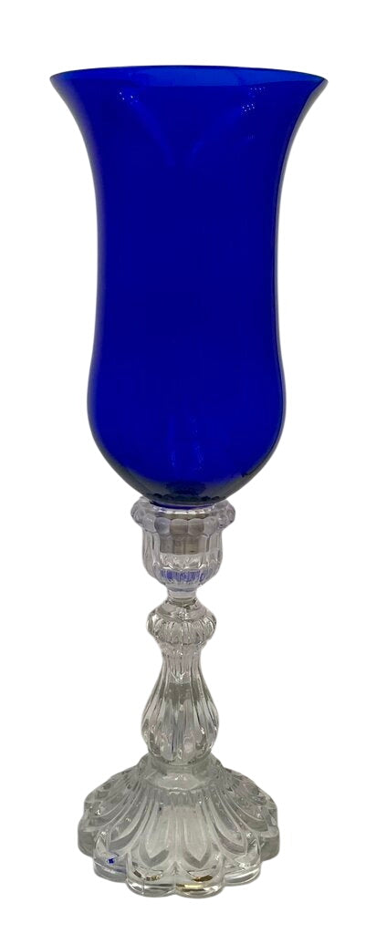 Vintage Clear Molded Glass Base & Cobalt Blue Blown Glass Shade 2 Piece Candle Holder