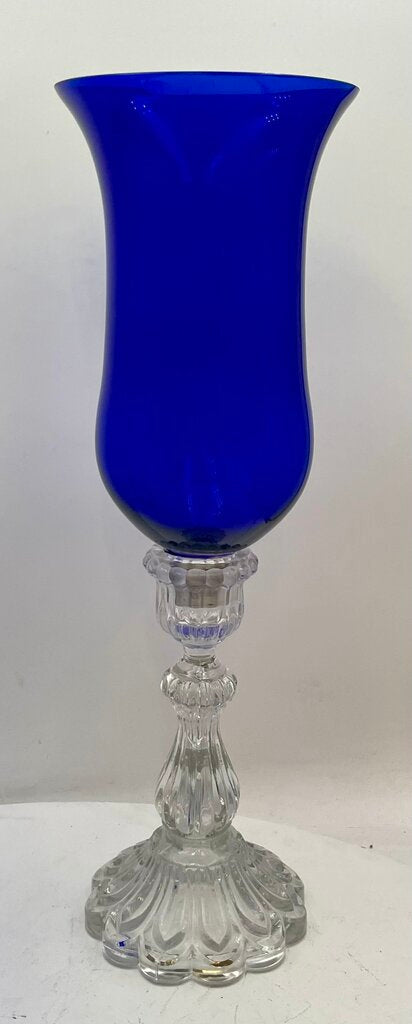 Vintage Clear Molded Glass Base & Cobalt Blue Blown Glass Shade 2 Piece Candle Holder