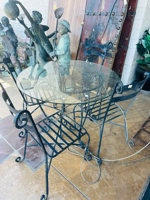Round 42" Wrought Iron Glass Top Patio Table + 4 Chairs