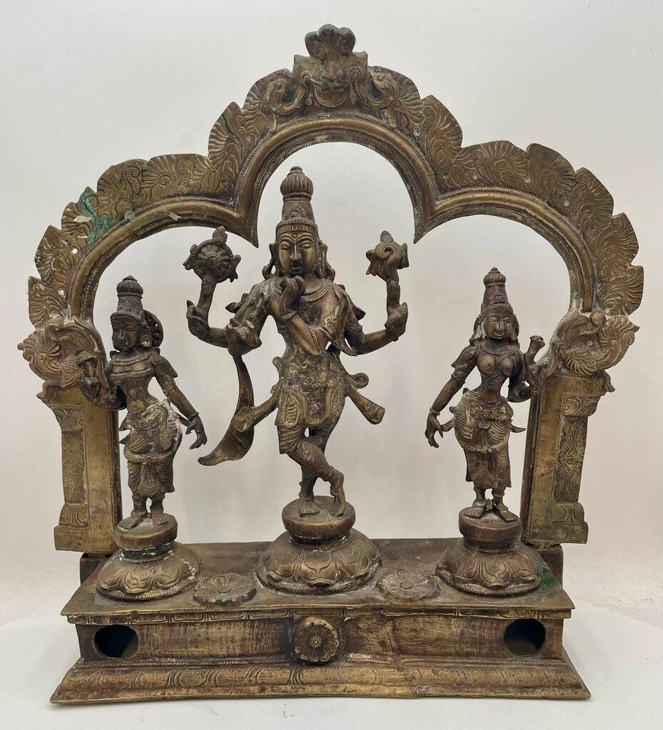 Vintage Brass Cast Statue Lord Vishnu Standing with Consorts Sridevi & Bhudevi on Kirtimukh Throne (2Pcs)