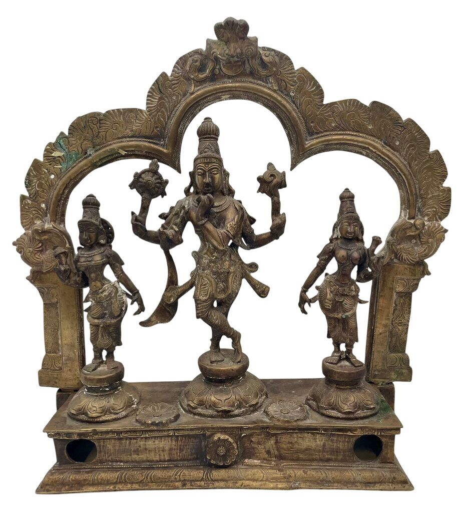Vintage Brass Cast Statue Lord Vishnu Standing with Consorts Sridevi & Bhudevi on Kirtimukh Throne (2Pcs) by Miss Daisy's Consignment & Auction House