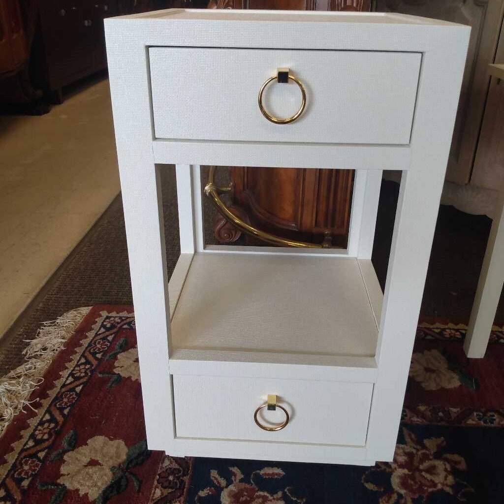White Lacquered Grass Cloth 2 Drawer Side Table