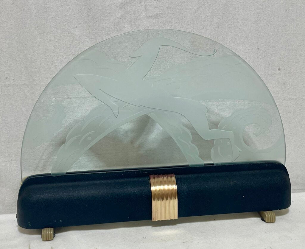 Price Brother Chicago Art Deco Style Black Metal, Brass, Etched Frosted Glass Deer Motif Table Lamp