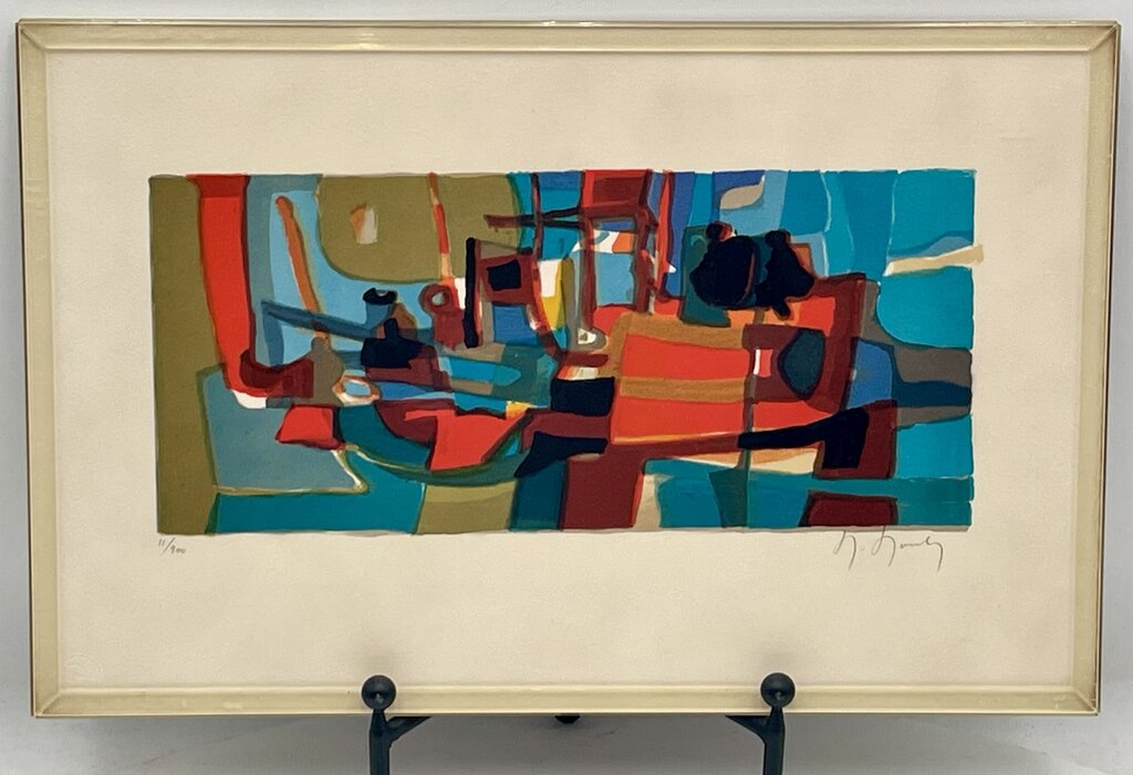 Marcel Mouly "Composition in Blue" 1976 Lithograph Mounted in Acrylic Case #11/200 Signed