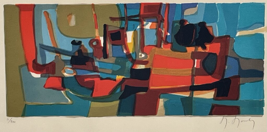 Marcel Mouly "Composition in Blue" 1976 Lithograph Mounted in Acrylic Case #11/200 Signed