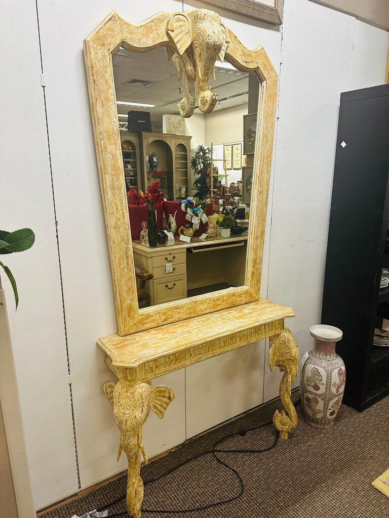 Cream Carved Wood Elephant Motif Console + Mirror 42x12x86 by Miss Daisy's Consignment & Auction House