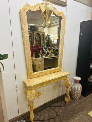 Cream Carved Wood Elephant Motif Console + Mirror 42x12x86