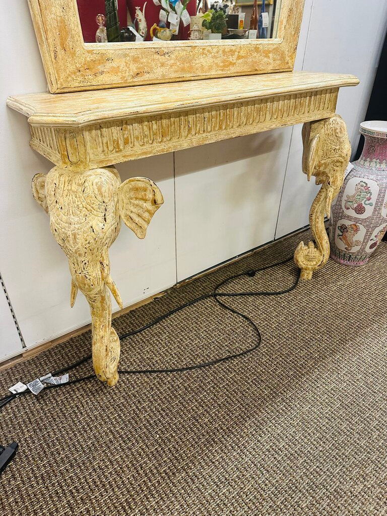 Cream Carved Wood Elephant Motif Console + Mirror 42x12x86