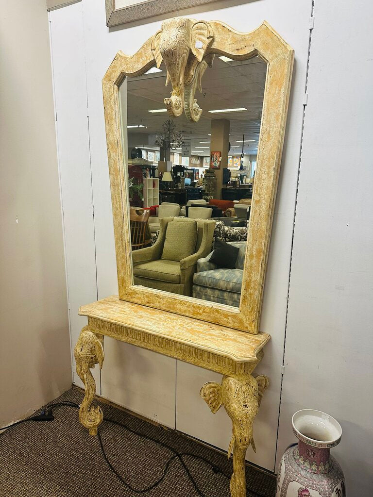 Cream Carved Wood Elephant Motif Console + Mirror 42x12x86