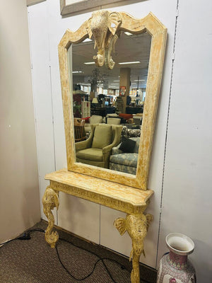 Cream Carved Wood Elephant Motif Console + Mirror 42x12x86