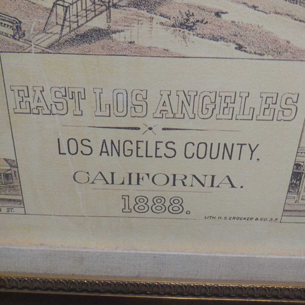 Framed Antique Map of East Los Angeles 1888 80"x54"
