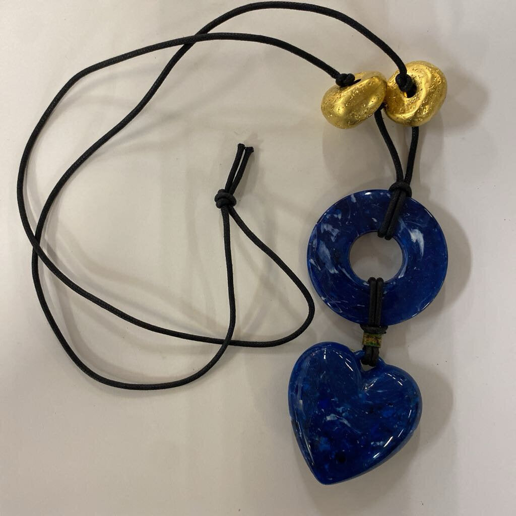 Blue Heart Cord Necklace w/ Gold Beads