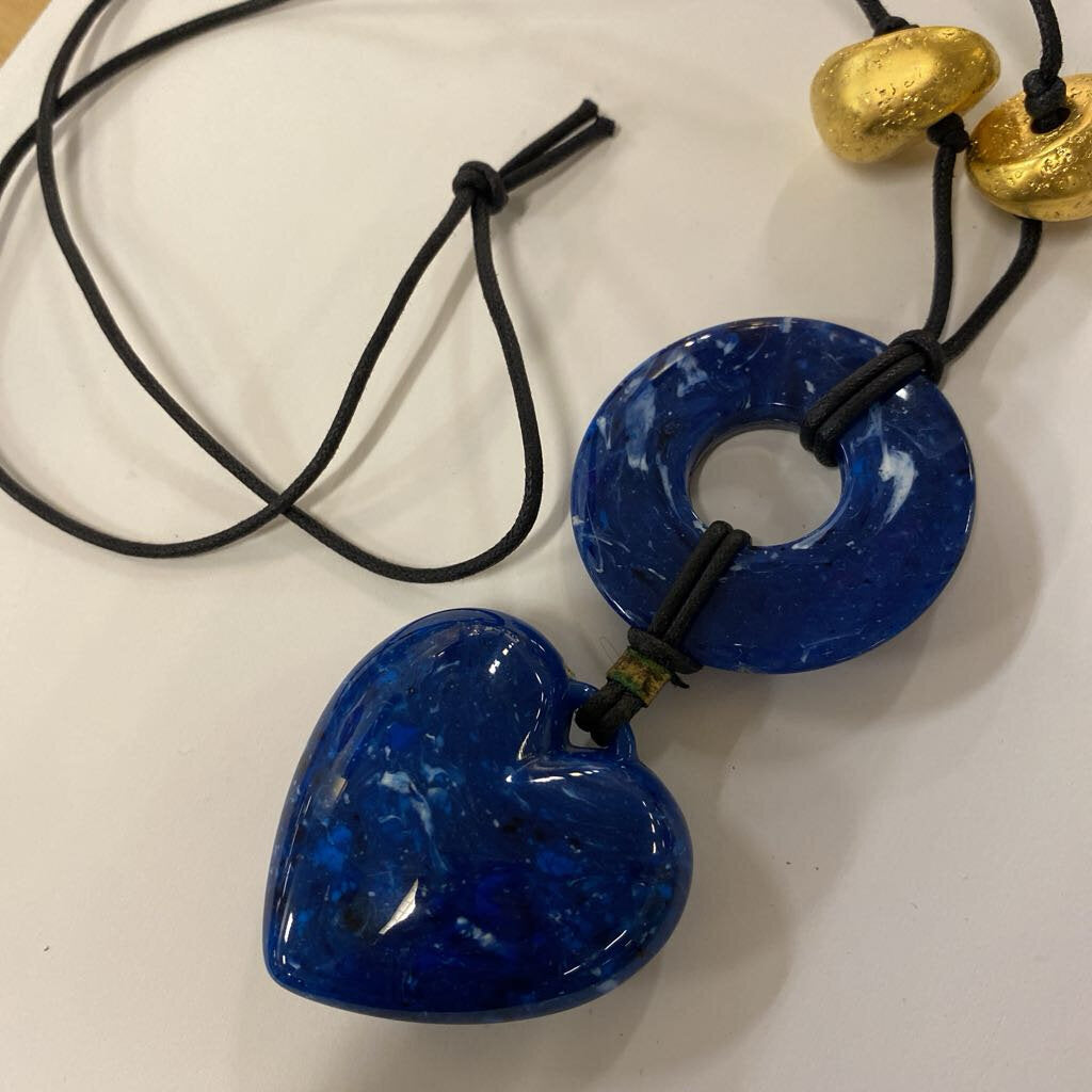 Blue Heart Cord Necklace w/ Gold Beads