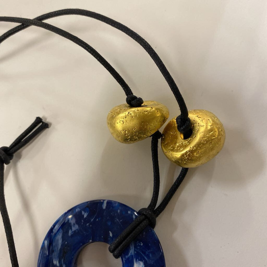 Blue Heart Cord Necklace w/ Gold Beads