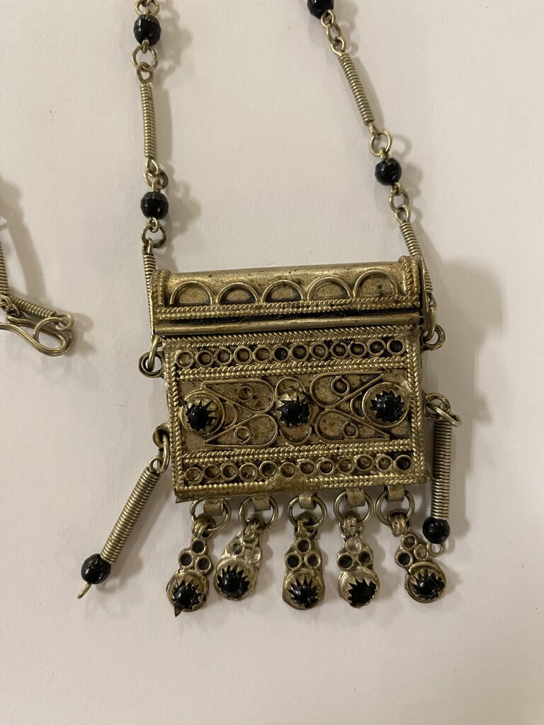 Prayer Box Pendant Necklace Metal & Black Bead
