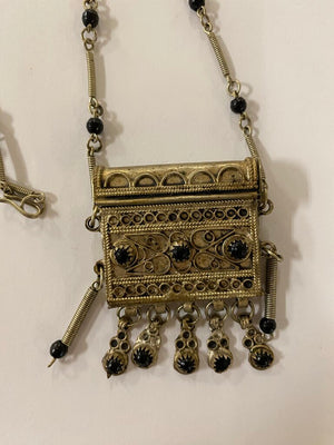 Prayer Box Pendant Necklace Metal & Black Bead