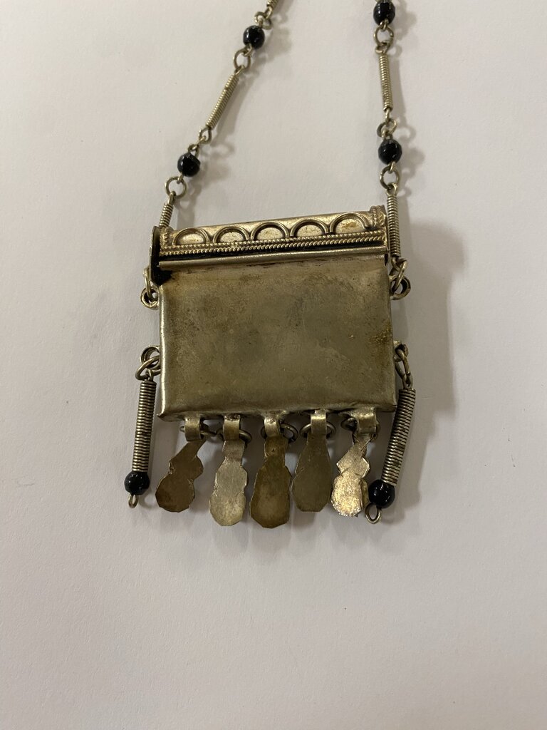 Prayer Box Pendant Necklace Metal & Black Bead