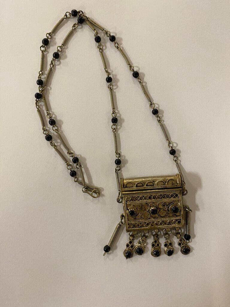 Prayer Box Pendant Necklace Metal & Black Bead