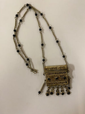 Prayer Box Pendant Necklace Metal & Black Bead