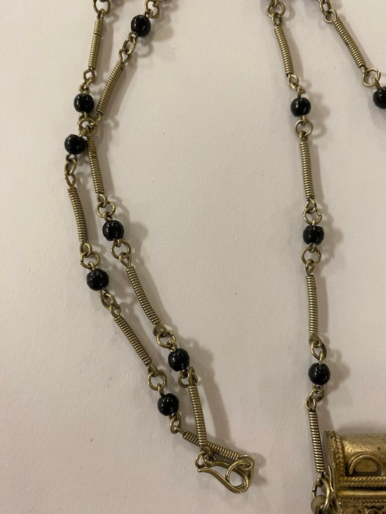 Prayer Box Pendant Necklace Metal & Black Bead