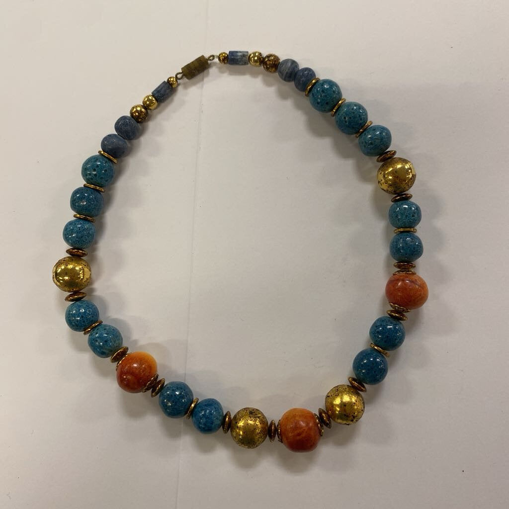 Blue, Gold, Orange Bead Necklace