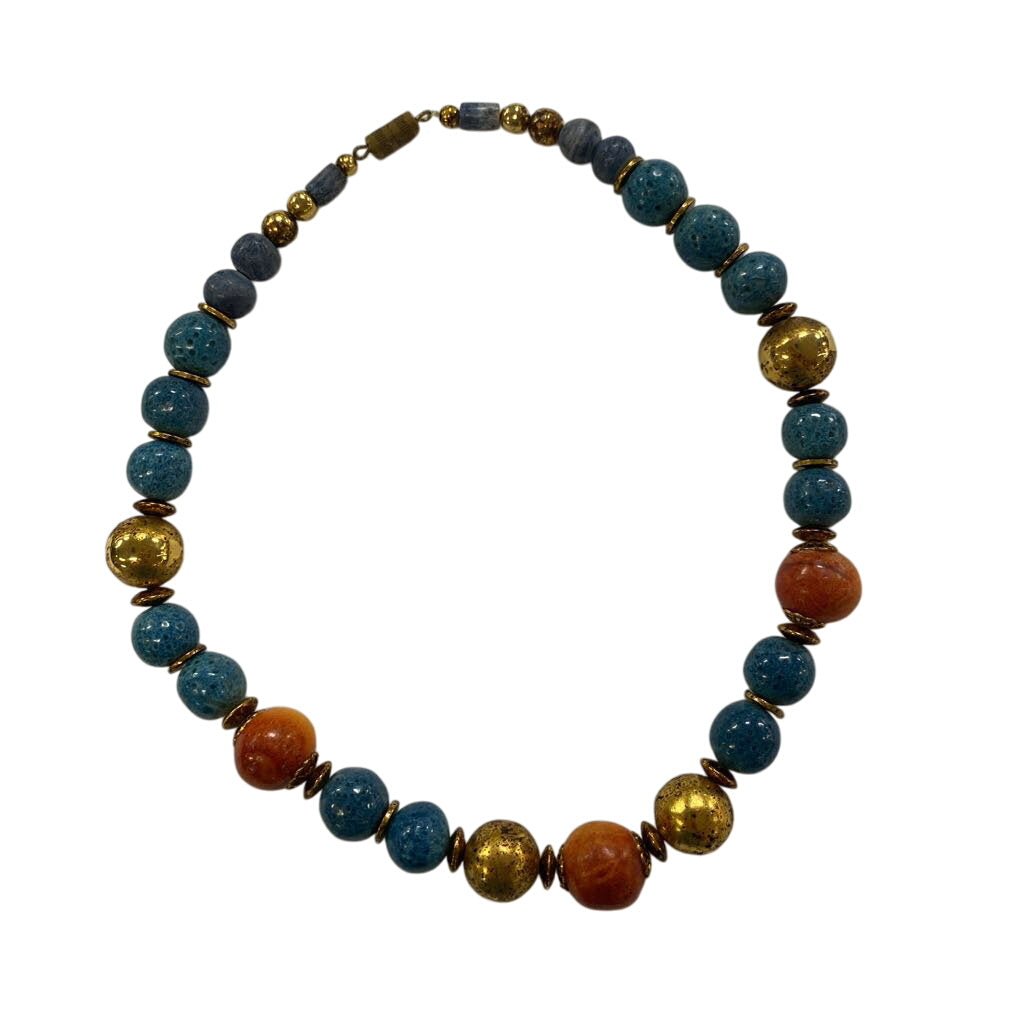 Blue, Gold, Orange Bead Necklace by Miss Daisy's Consignment & Auction House