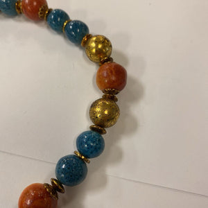Blue, Gold, Orange Bead Necklace
