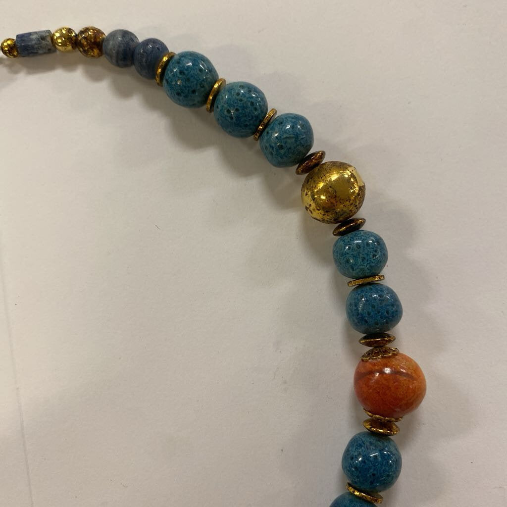 Blue, Gold, Orange Bead Necklace