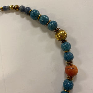 Blue, Gold, Orange Bead Necklace