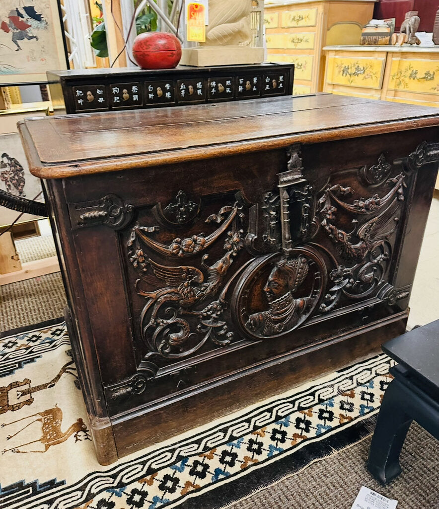Antique British Carved Oak Coffer 27x40x29 by Miss Daisy's Consignment & Auction House