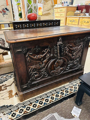 Antique British Carved Oak Coffer 27x40x29 by Miss Daisy's Consignment & Auction House