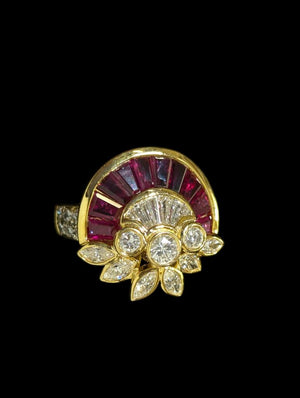 Ring 18k Yellow Gold Diamond & Ruby Ornate