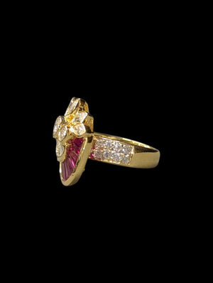 Ring 18k Yellow Gold Diamond & Ruby Ornate