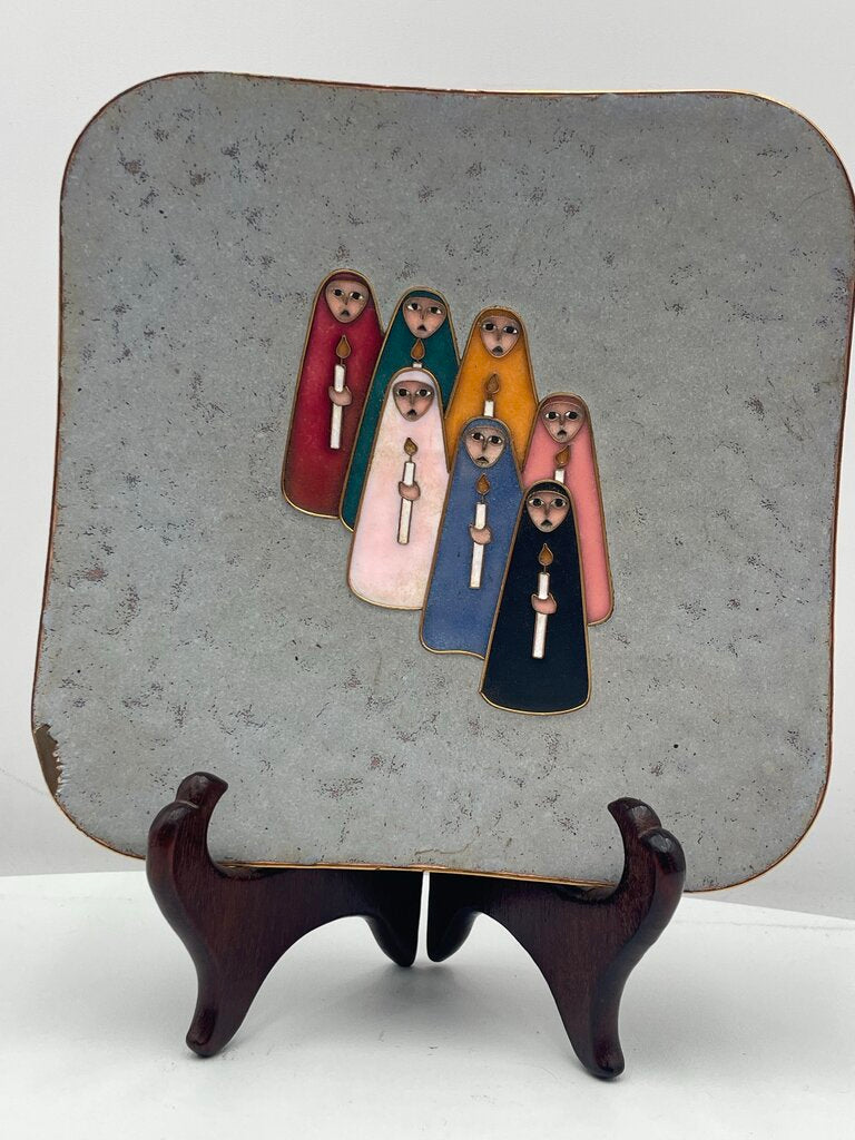 Vintage Albert Gustav Bunge Enamel Green Square Copper Bowl Colorful Candlestick Choir