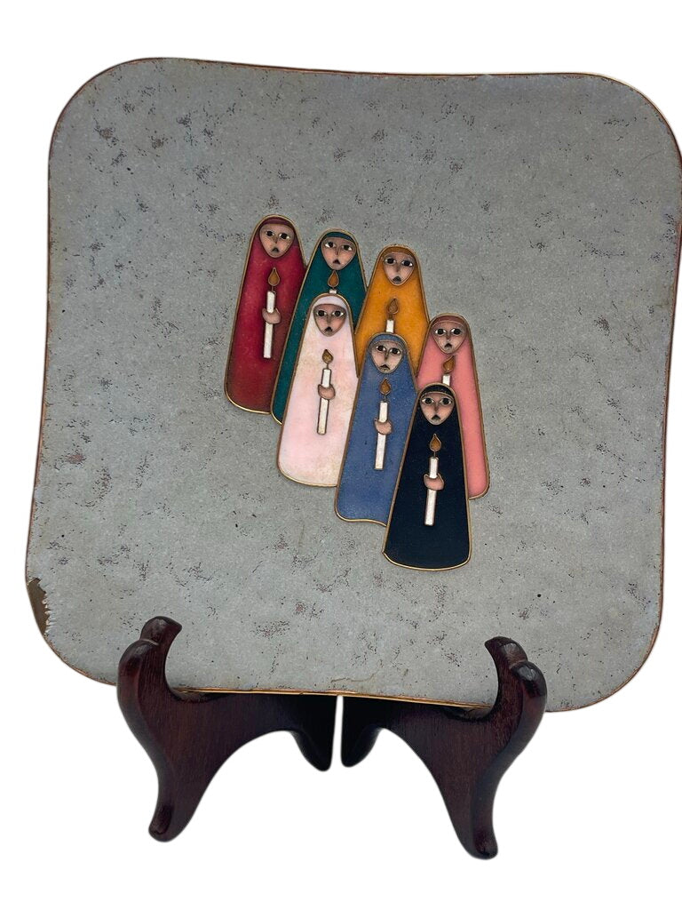 Vintage Albert Gustav Bunge Enamel Green Square Copper Bowl Colorful Candlestick Choir